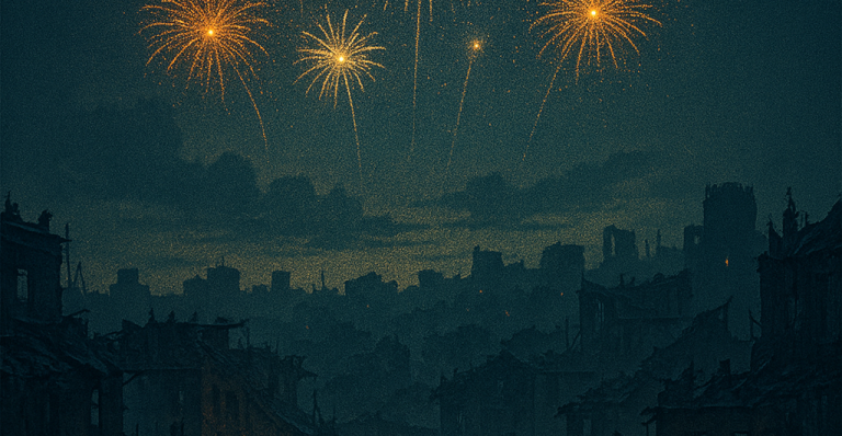 Fireworks over a destroyed city