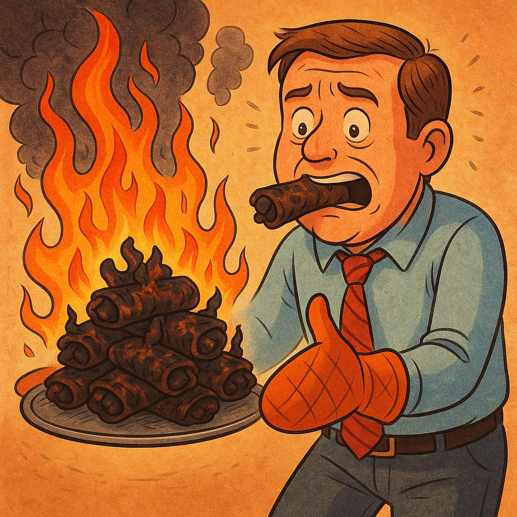 Man holding pan of scorched burritos